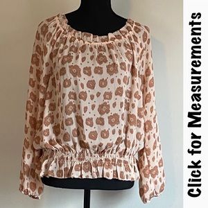 Ann Taylor leopard print blouse, size LP, on or off shoulder, peach and tan